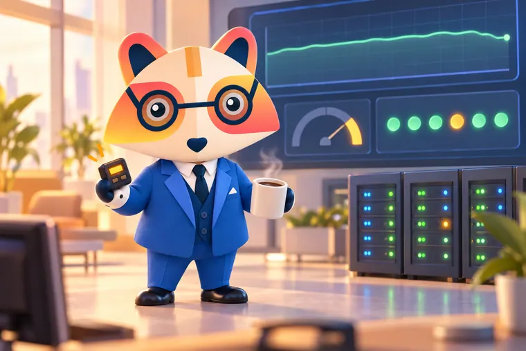 The Huru mascot holding a pager and a coffee mug in front of a wall display with a steady uptime line, a gauge with a small amber budget arc and a row of status lights, next to servers