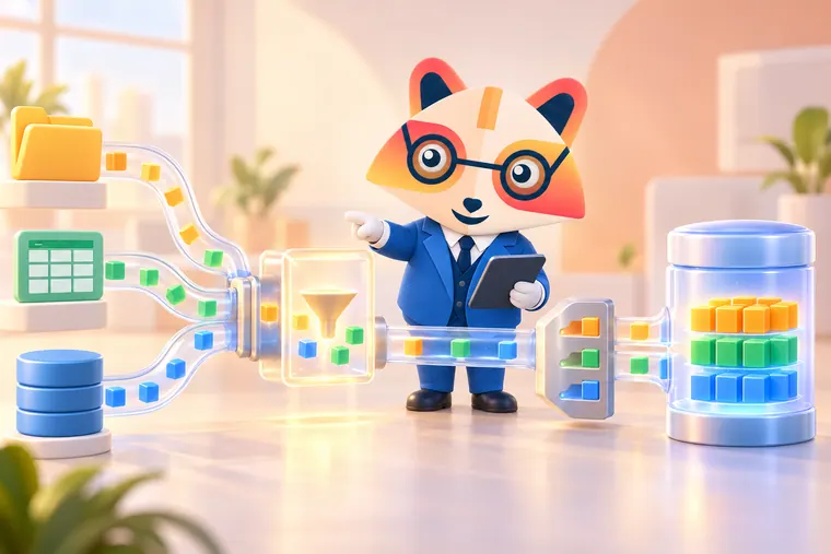 The Huru mascot holding a tablet and pointing at a glowing filter box in a pipeline of clear tubes that carries colored cubes from a folder, a spreadsheet and a database into a large database cylinder