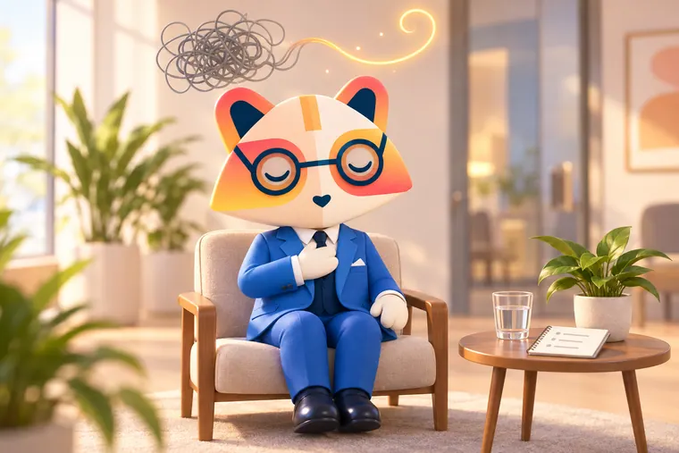 The Huru mascot sitting calmly in an armchair with eyes closed and a hand on its chest, as a tangle of grey thought lines above its head unravels into one smooth glowing line