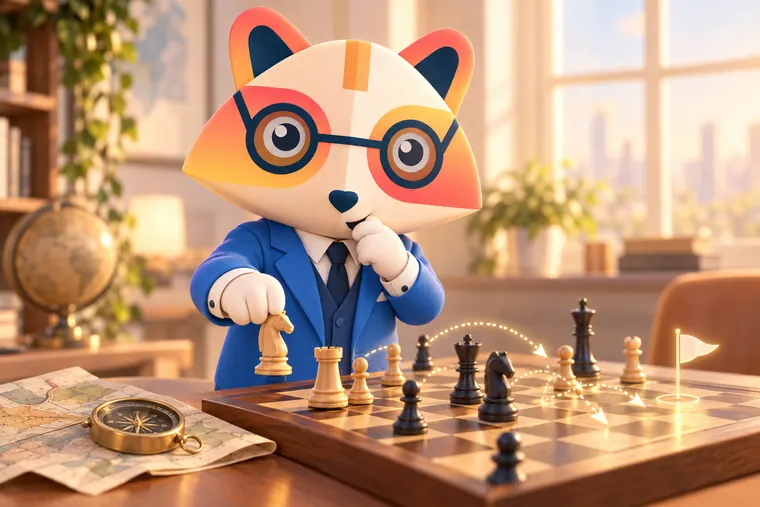 The Huru mascot moving a knight on a chessboard with a hand on its chin, as glowing dotted arrows trace possible paths toward a small flag, next to a compass and a map