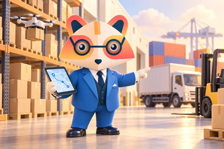 The Huru mascot in a warehouse holding a tablet with a route map and pointing toward a truck, shipping containers and a forklift, with a delivery drone near the shelves