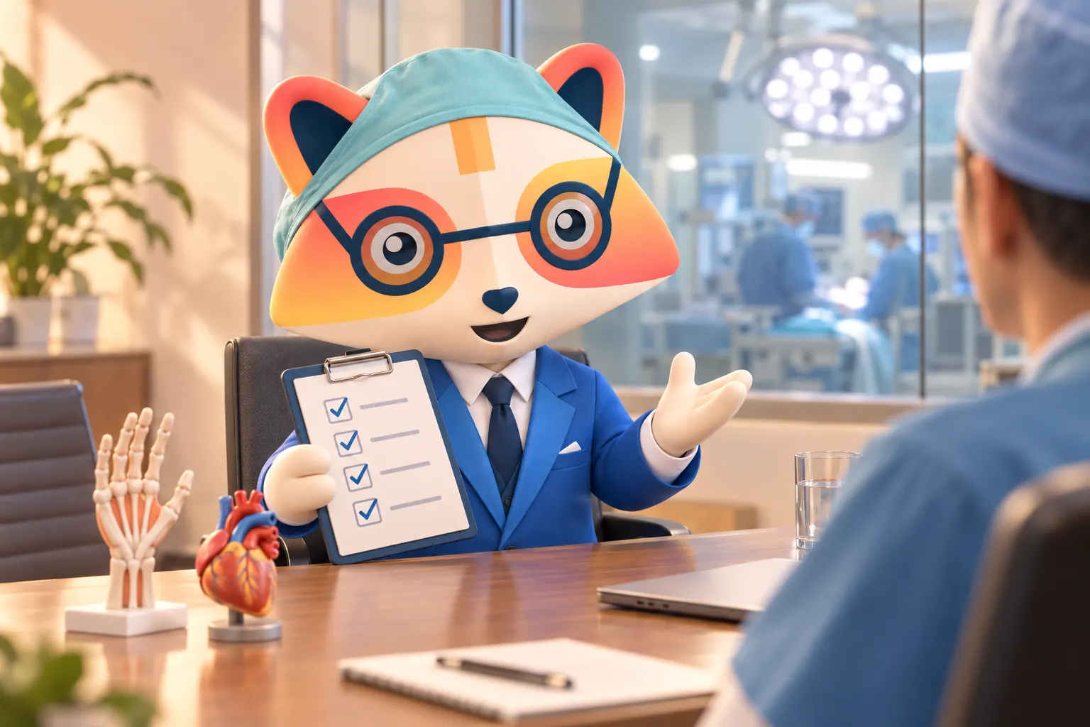 The Huru mascot in a teal surgical cap and blue suit holding a clipboard checklist at an interview table with a heart model and a hand model, an operating room visible through the glass behind