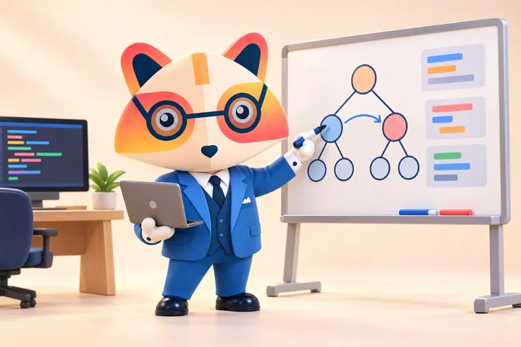 The Huru mascot holding a laptop and drawing an arrow between nodes of a binary tree on a whiteboard, next to colored code blocks and a desk with a monitor