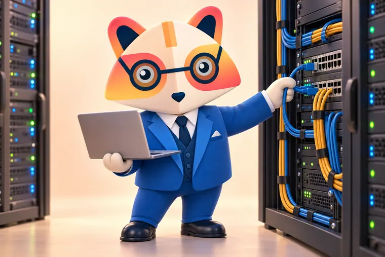 The Huru mascot in a server room holding a laptop and plugging a network cable into a patch panel between two racks
