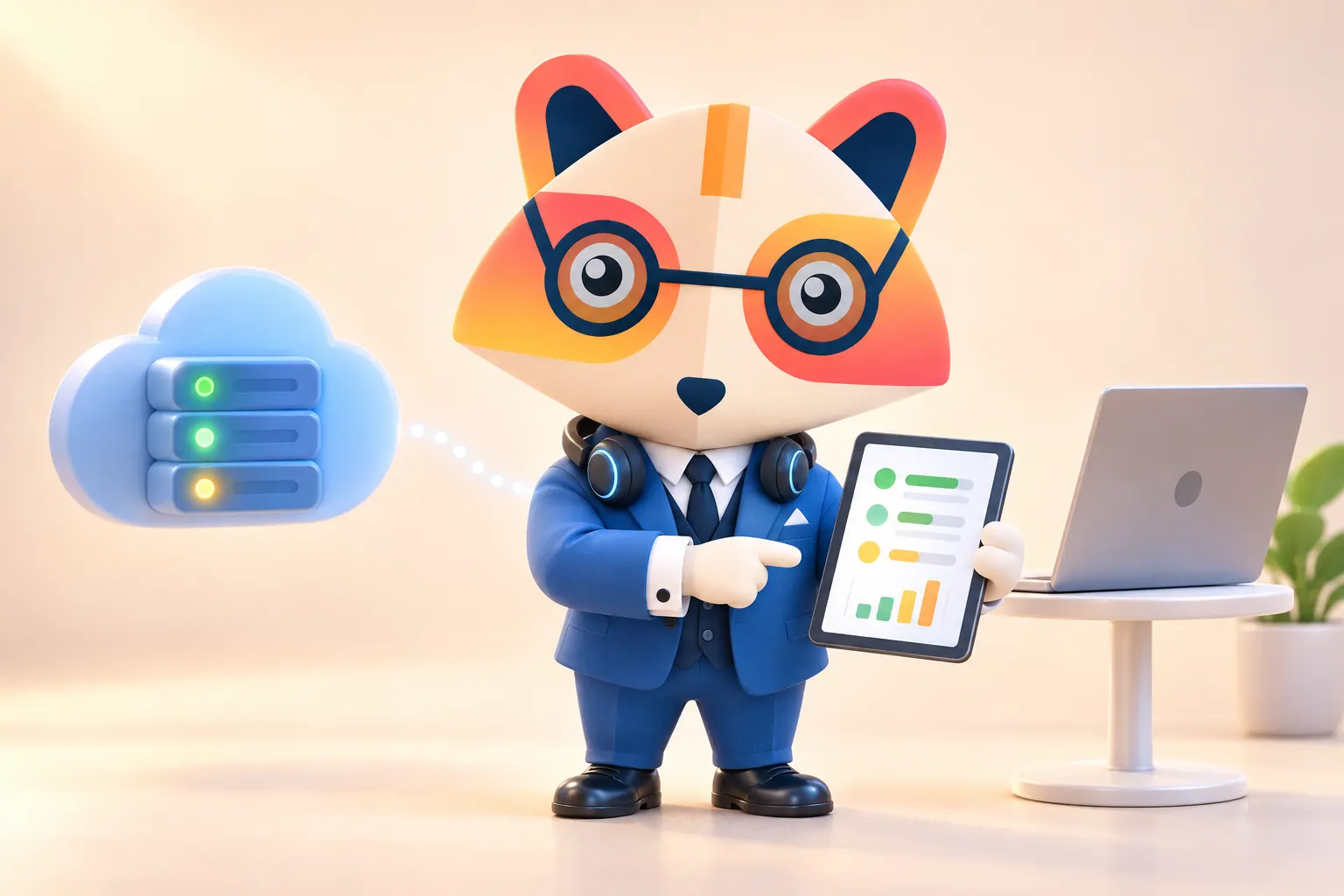 The Huru mascot wearing a headset around its neck, pointing at a health dashboard on a tablet, between a cloud server icon and a laptop