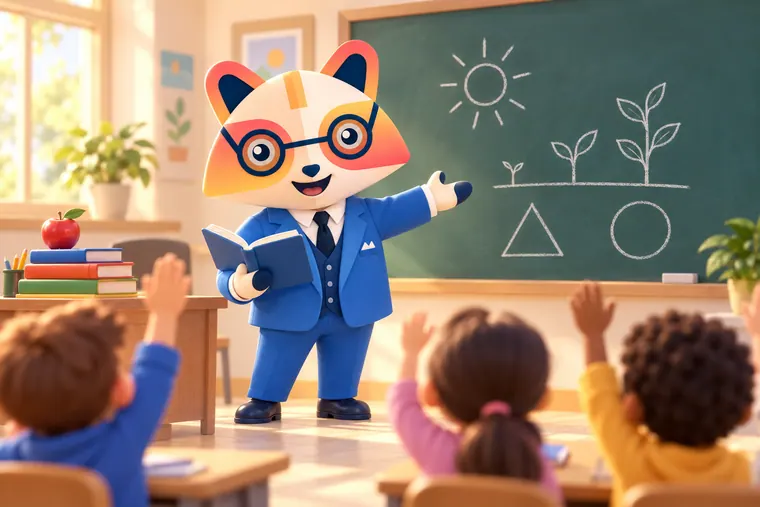 The Huru mascot holding a book in a sunny classroom, gesturing to a chalkboard with drawings of a sun, a growing plant, a triangle and a circle while young students raise their hands
