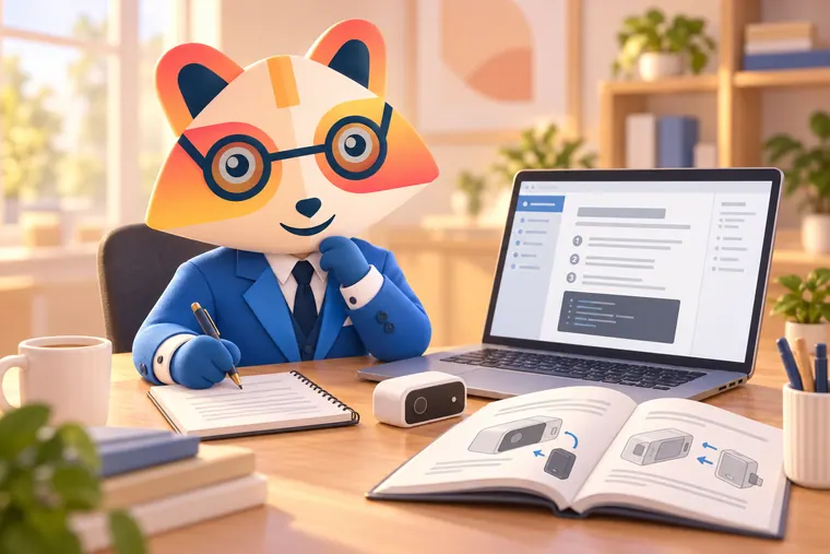 The Huru mascot writing notes at a desk with a laptop showing a documentation page with numbered steps and a code block, an open manual with device diagrams and a small gadget