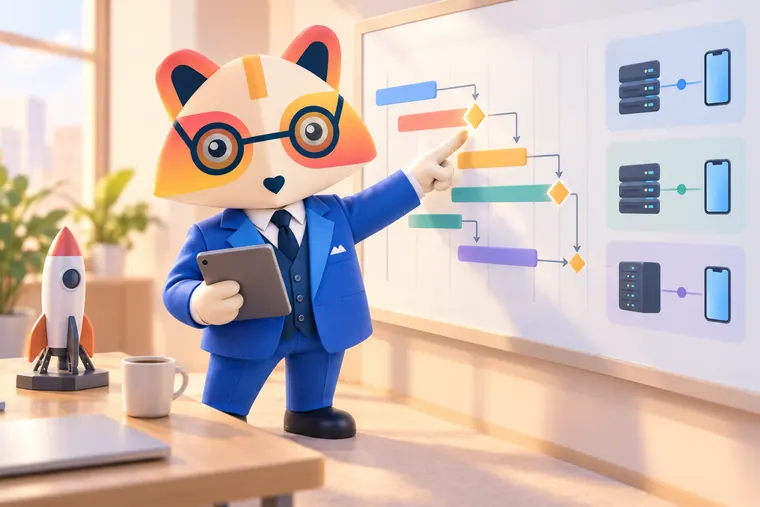 The Huru mascot holding a tablet and pointing at a milestone on a wall board showing a timeline of colored bars with dependency arrows, next to linked server and phone icons, with a model rocket and a coffee cup on a desk