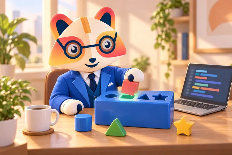 The Huru mascot fits a square block into the matching square hole of a shape-sorter toy, which glows green, next to a laptop showing code