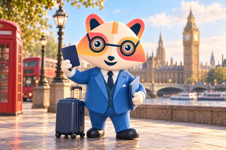 The Huru mascot on a London riverside holding a passport and a document folder beside a suitcase, with a red phone box, a double-decker bus and Big Ben behind