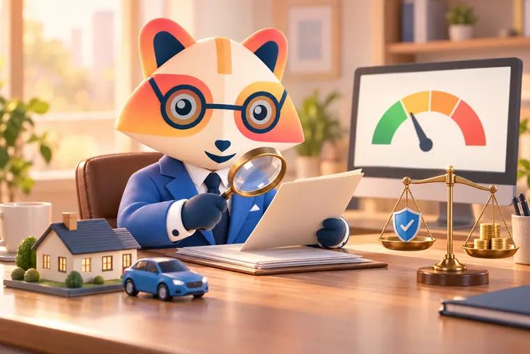 The Huru mascot examining an application through a magnifying glass at a desk with a model house, a toy car and a balance scale holding a shield and coins, with a risk gauge on a monitor