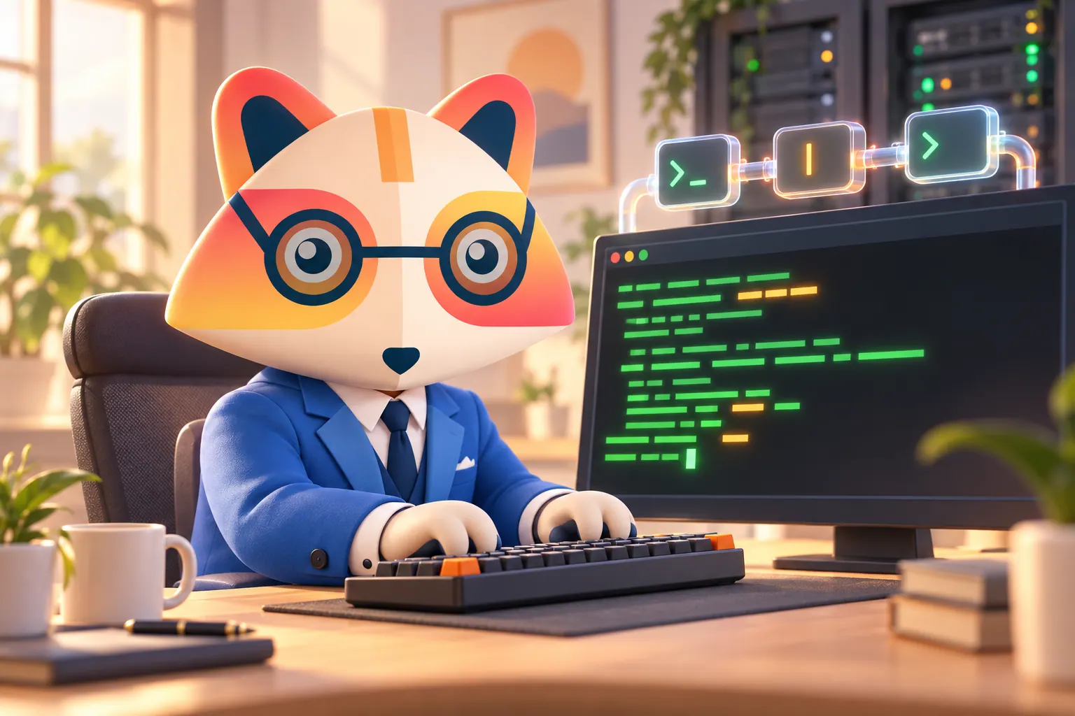 The Huru mascot typing on a keyboard in front of a dark terminal window with glowing green and amber lines, with three floating command boxes connected by pipes above the screen and a server rack behind