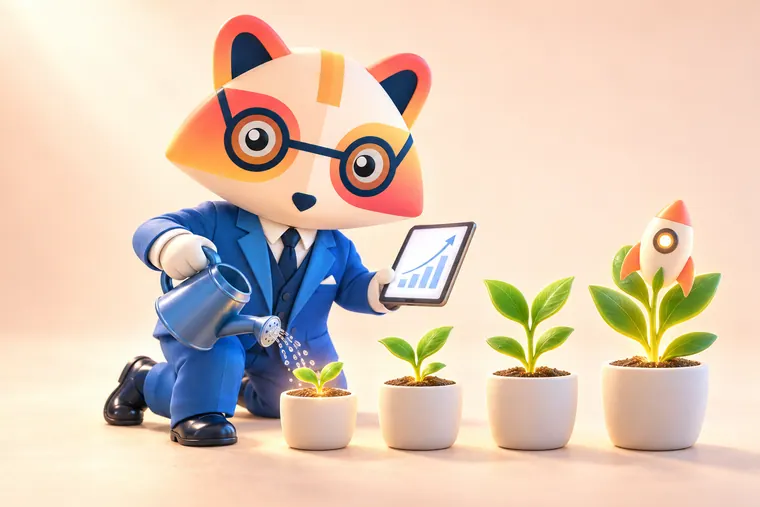 The Huru mascot kneeling and watering a row of potted seedlings at different growth stages, the tallest topped with a small rocket, while holding a tablet with a rising chart