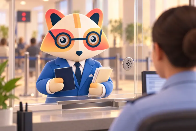 The Huru mascot at a consulate service window holding a passport and a folder of documents, speaking calmly to an officer behind a glass partition who is looking at a monitor