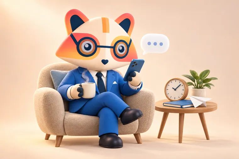 The Huru mascot sitting in an armchair with a mug, checking a smartphone under a speech bubble with three dots, next to a clock, a notebook and a paper airplane
