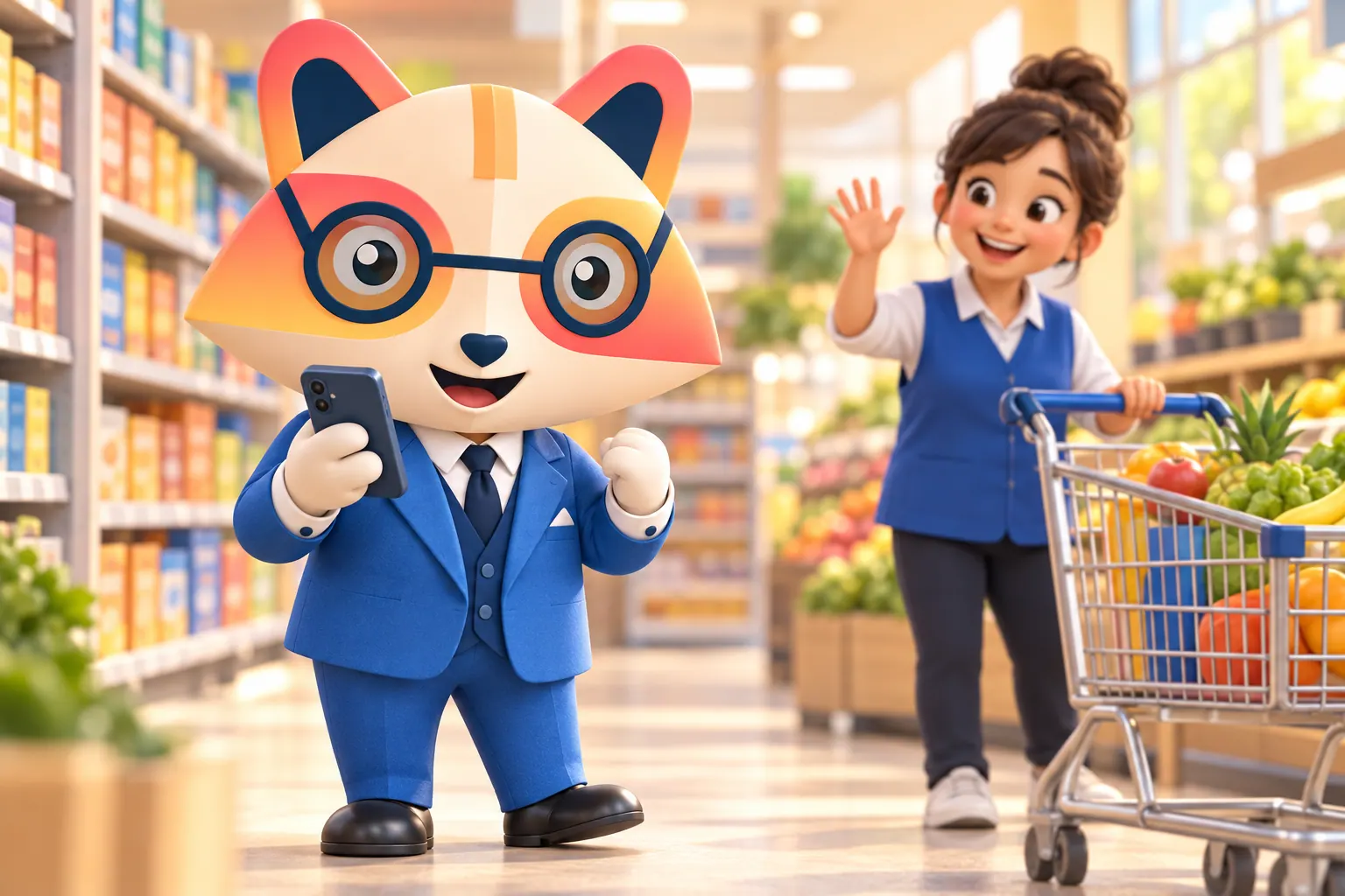 The Huru mascot rehearsing an interview answer on a phone in a bright supermarket aisle while a store team member in a blue vest waves from a shopping cart