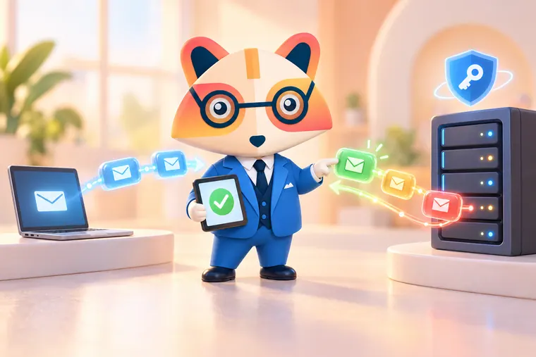 The Huru mascot holding a tablet with a green check between a laptop sending glowing envelope requests and a server returning green, amber and coral responses, with a shield and key above the server