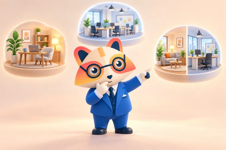 The Huru mascot with a hand on its chin pointing at the hybrid option among three floating dioramas: a home office, an open-plan office and a half-home, half-office scene