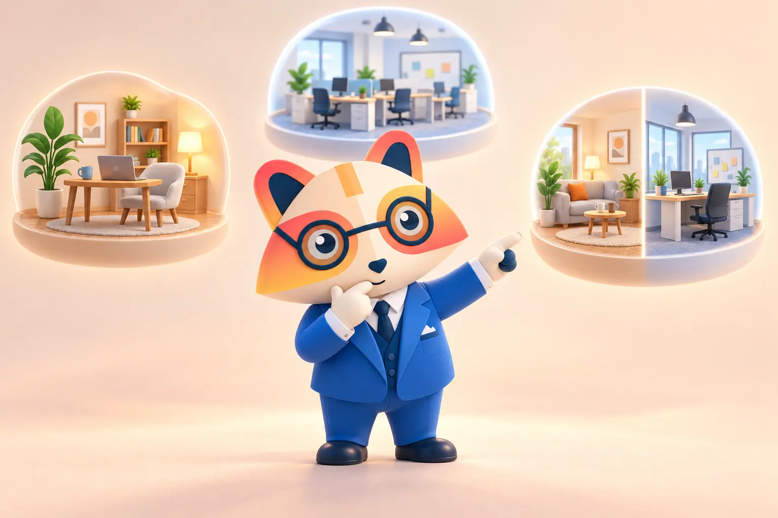 The Huru mascot with a hand on its chin pointing at the hybrid option among three floating dioramas: a home office, an open-plan office and a half-home, half-office scene