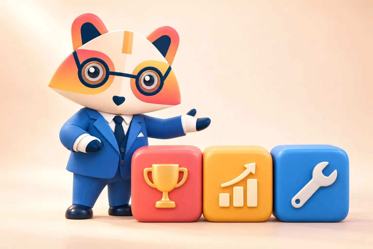 The Huru mascot gesturing toward three rounded blocks: a coral block with a trophy, an amber block with a rising chart, and a blue block with a wrench