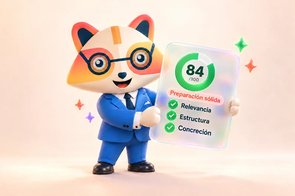 La mascota de Huru muestra su informe: 84 sobre 100, «Preparación sólida», con relevancia, estructura y concreción aprobadas