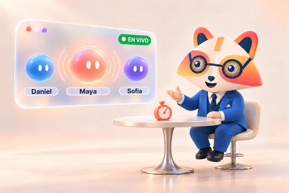 La mascota de Huru en una entrevista en vivo, respondiendo a Maya mientras Daniel y Sofia, los otros dos entrevistadores, esperan