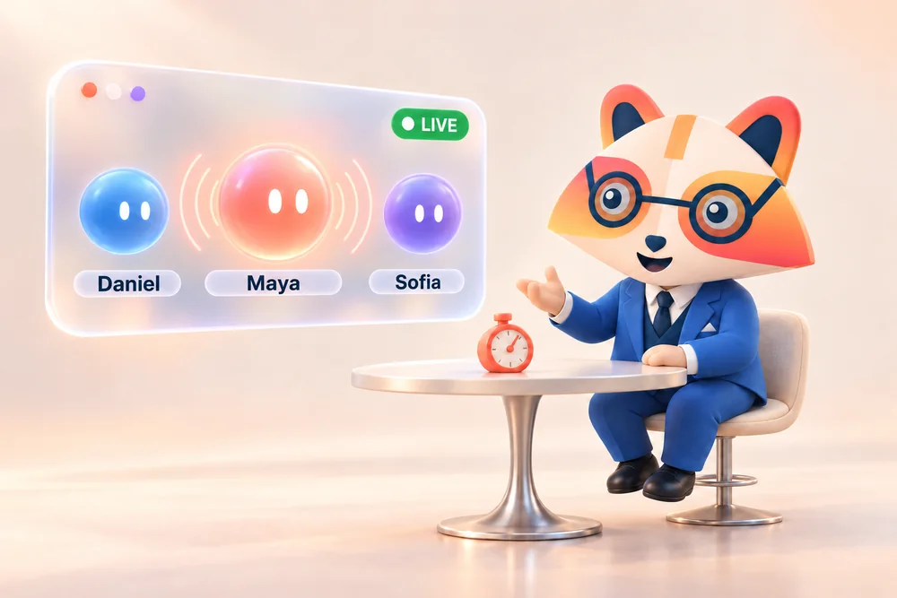Huru’s mascot in a live interview, answering Maya while Daniel and Sofia, the other two interviewers, wait