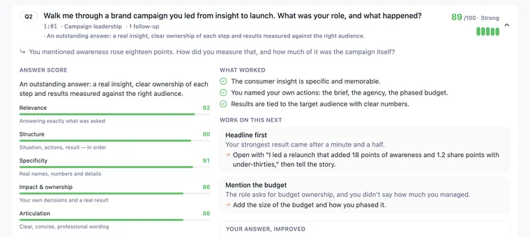 One answer scored on five criteria, with what worked and what to work on next