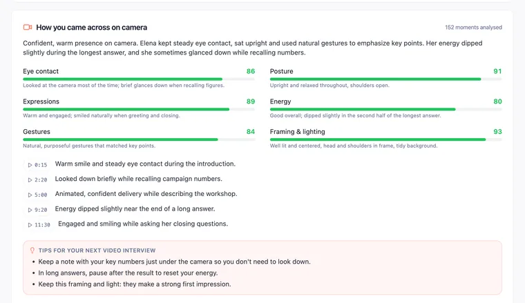 Feedback on eye contact, posture, expressions, energy, gestures and framing