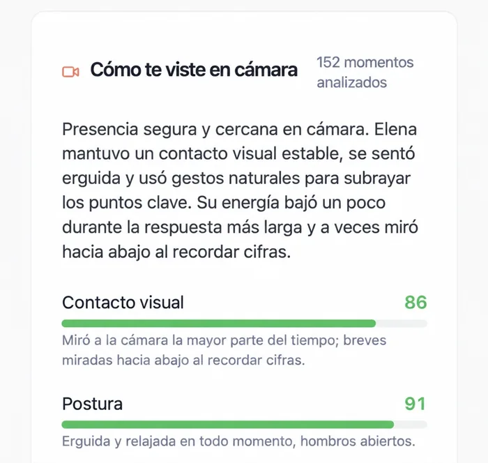 Feedback sobre contacto visual, postura, expresiones, energía, gestos y encuadre