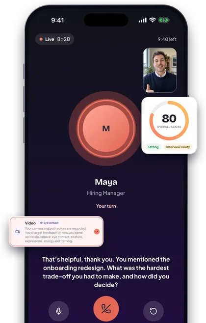 The Huru app on a phone: a live interview, Maya asking a follow-up question on your turn, with a score card of 80, Interview ready, and video feedback on eye contact