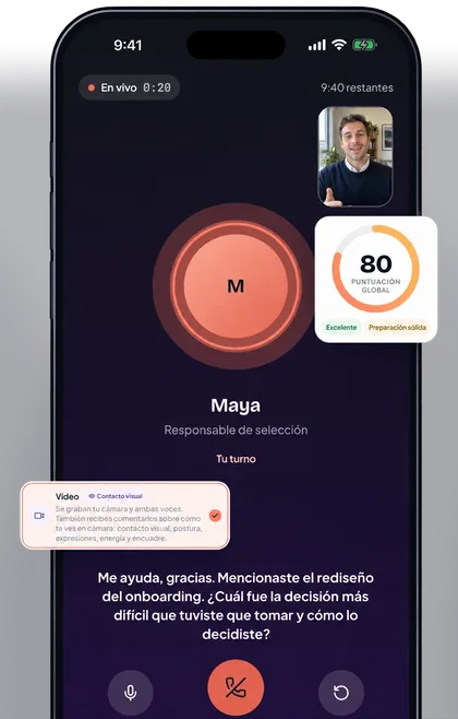La app de Huru en el móvil: una entrevista en vivo, Maya hace una pregunta de seguimiento, con una tarjeta de puntuación de 80, Preparación sólida, y feedback de video sobre el contacto visual