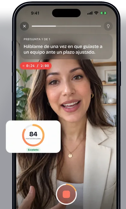 La app de Huru en el móvil: una respuesta grabada ante la cámara, 0:24 de 2:00, con una tarjeta de puntuación de 84, Excelente