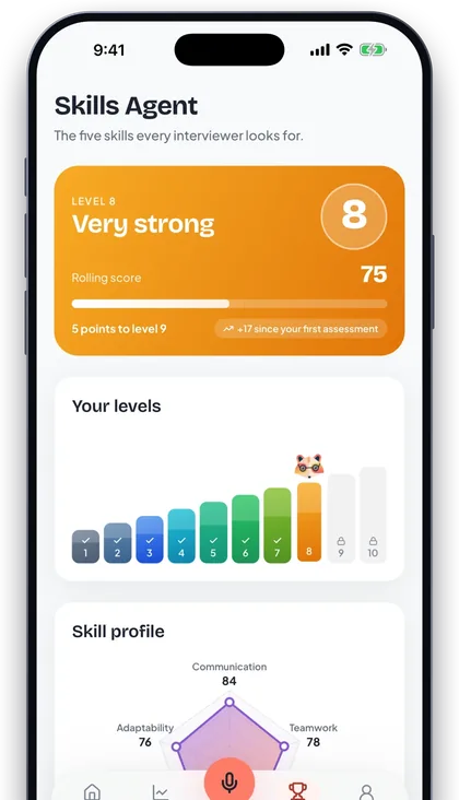 The Huru app on a phone: the Skills Agent at level 8, Very strong, with the ten levels and the skill profile