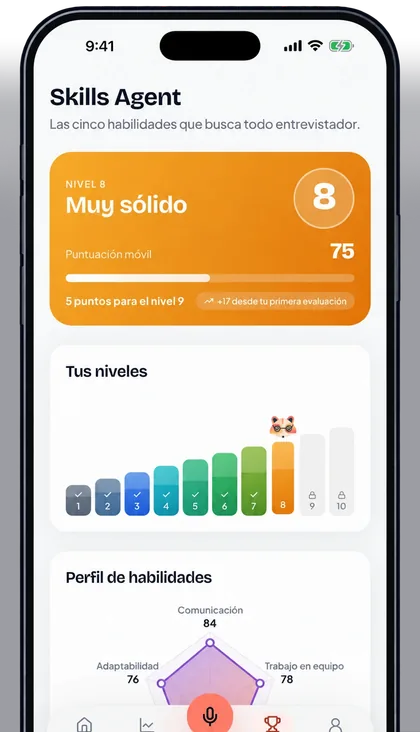 La app de Huru en el móvil: el Skills Agent en el nivel 8, Muy sólido, con los diez niveles y el perfil de habilidades