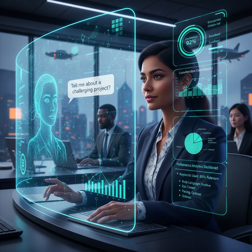 Job seeker practicing interview with AI-powered tools and feedback dashboard on screen