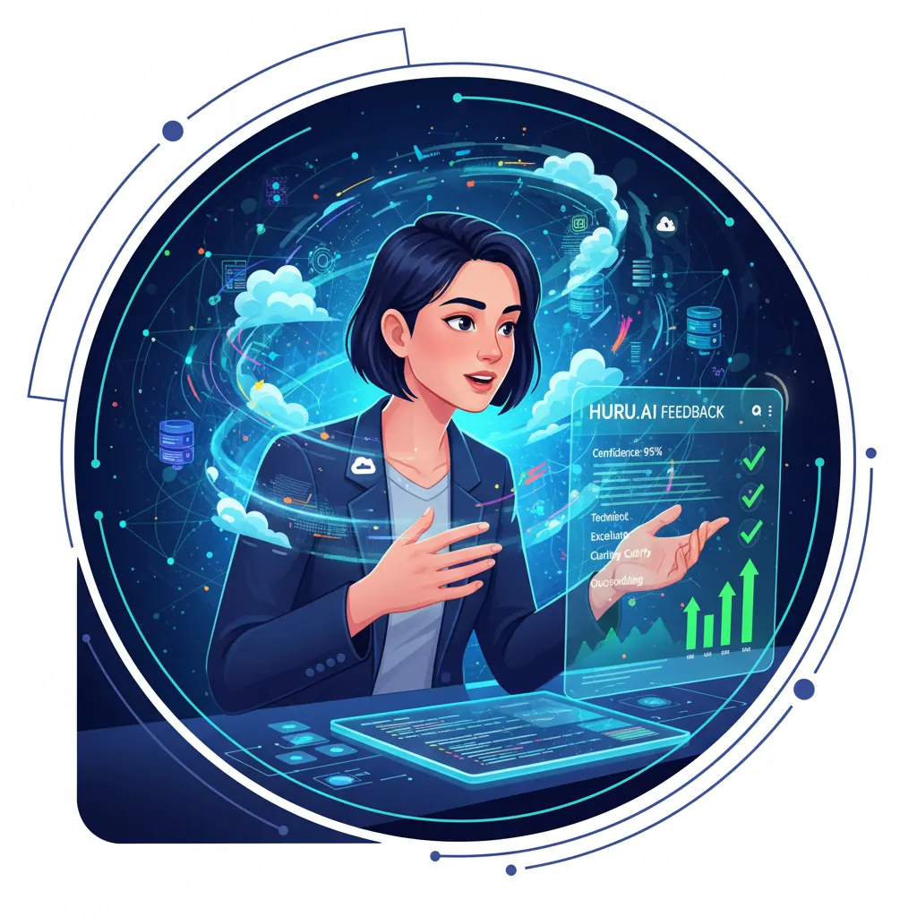 Confident candidate answering cloud engineer interview questions, with digital clouds and tech icons