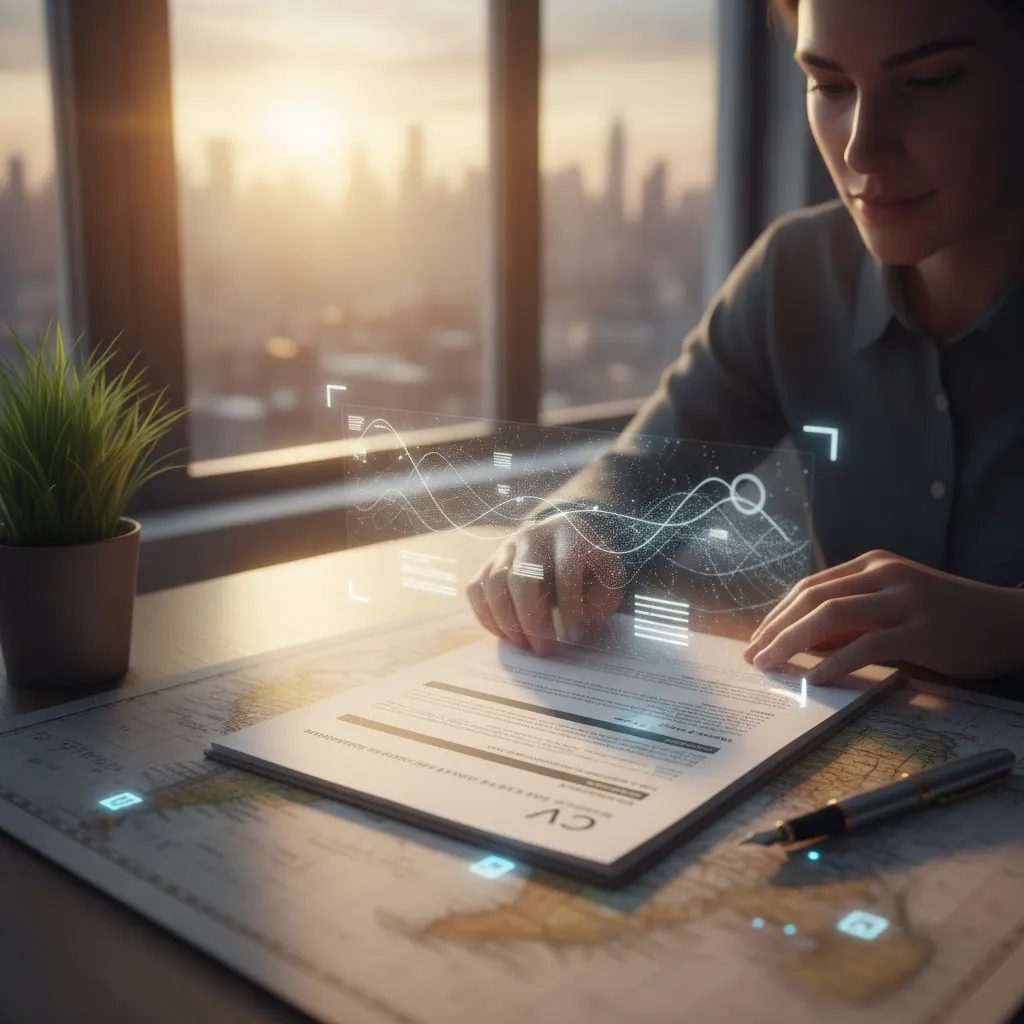 Persona preparando su CV internacional con ayuda de IA y vista a una ciudad global