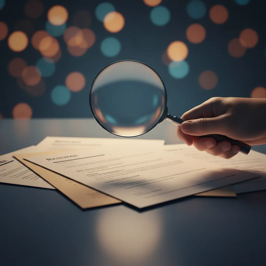 Detalle de mano revisando minuciosamente un CV bajo lupa, simbolizando el análisis del reclutador para encontrar errores comunes en currículums.