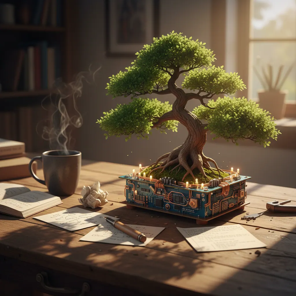 A bonsai tree grows from a circuit board base, symbolizing alternative, organic skill growth for coding interviews