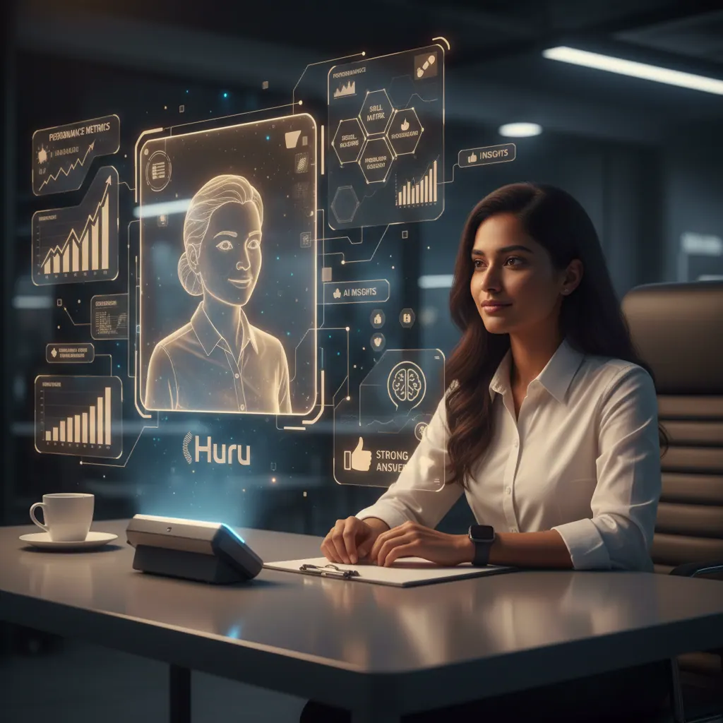 Professional practicing a virtual IT interview with AI feedback overlays in a modern workspace