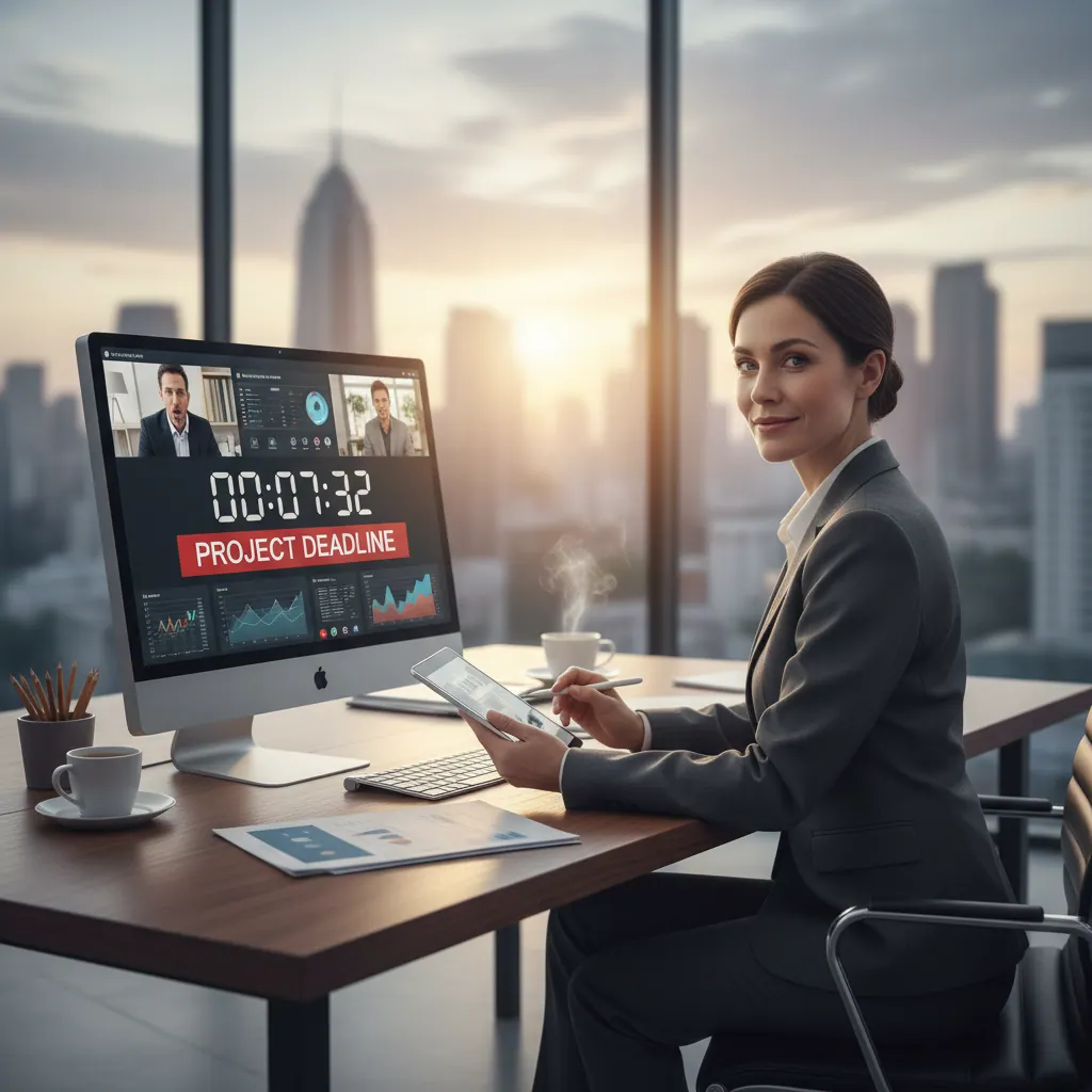 Professional calmly managing multiple tasks with a looming deadline clock, mastering time pressure in an interview scenario