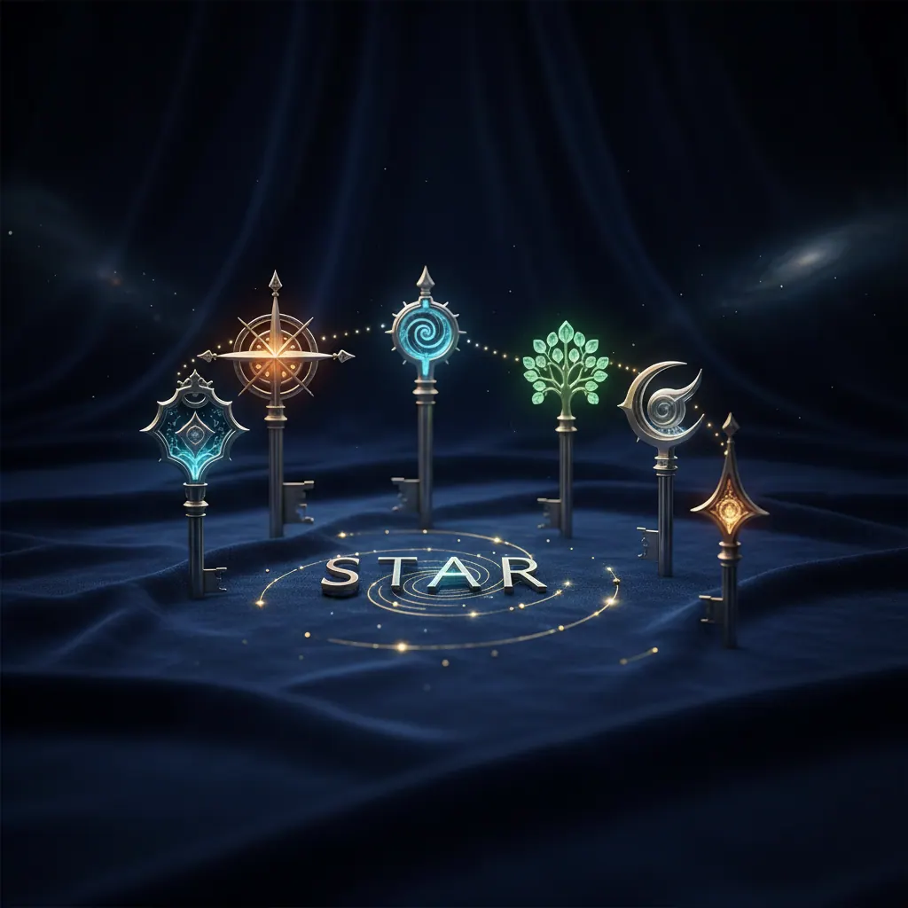 Une collection de clés métaphoriques illustrant différentes amorces STAR, disposées comme des opportunités pour raconter son histoire en entretien.