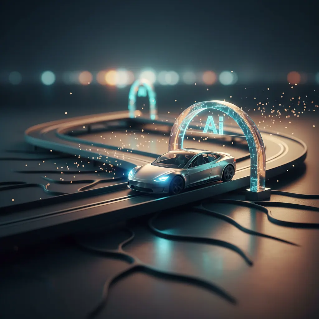 Metaphorical image of a Tesla car racing along a neural-shaped track, symbolizing innovation and speed in the interview process.
